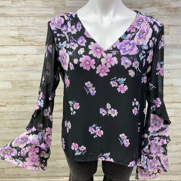 Nanette Lepore Zen Silk Floral Blouse Womens Size S Purple Black Bell Sleeve - Picture 2 of 16